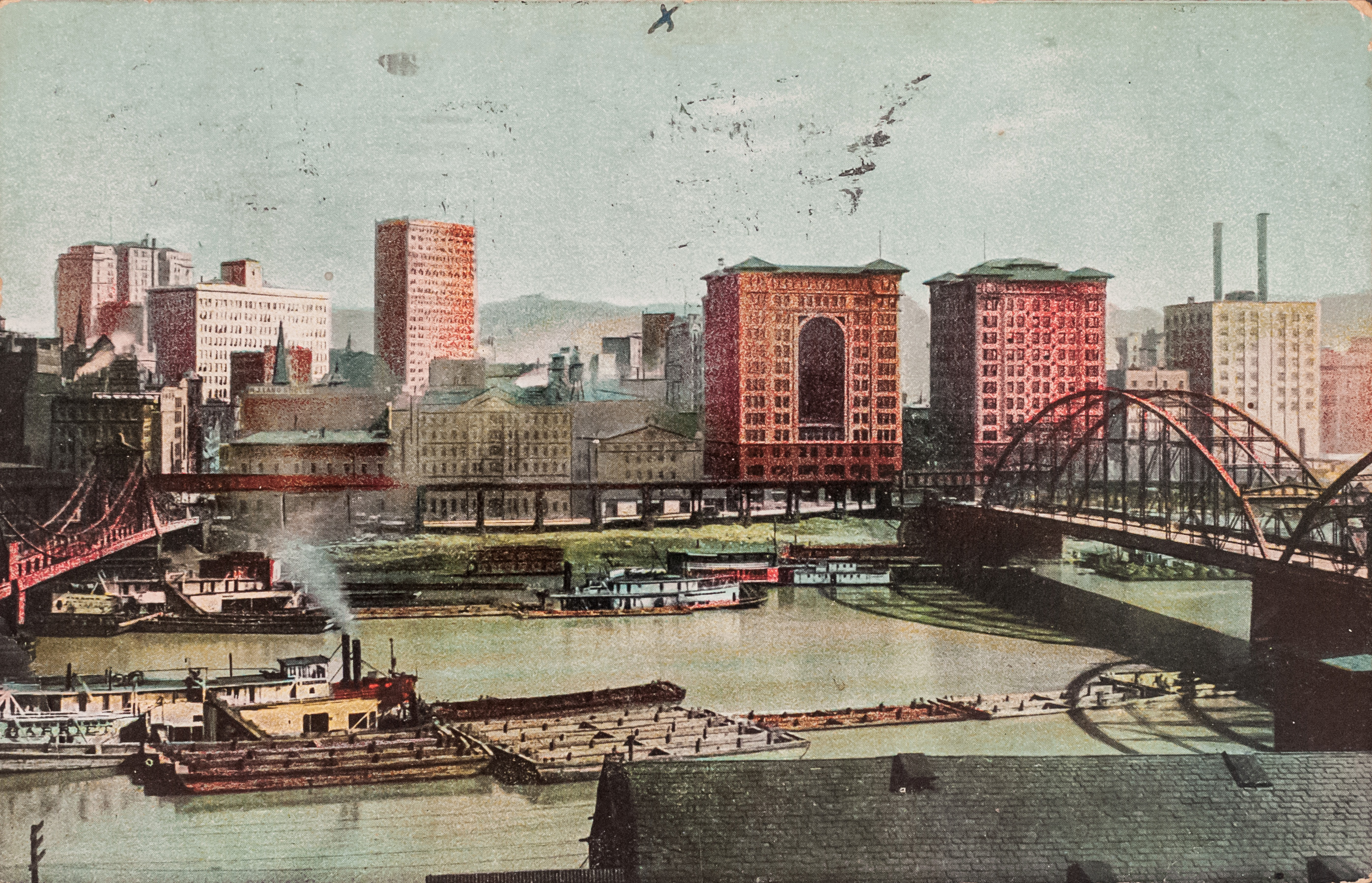 Old landscape image of Pittsburgh, with a focus on the river. A large 'X' has been written on the top of the image by hand.