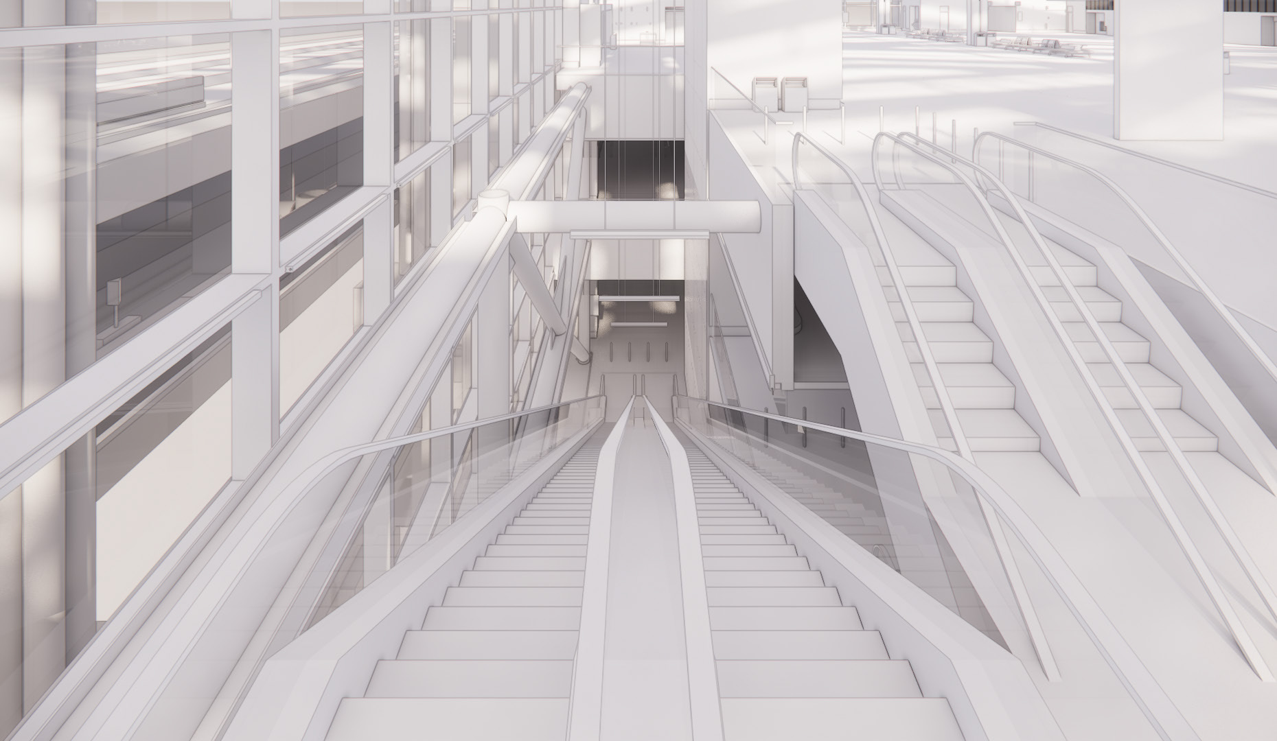 Monotone rendered image of an escalator. The view is from the top of the escalator.