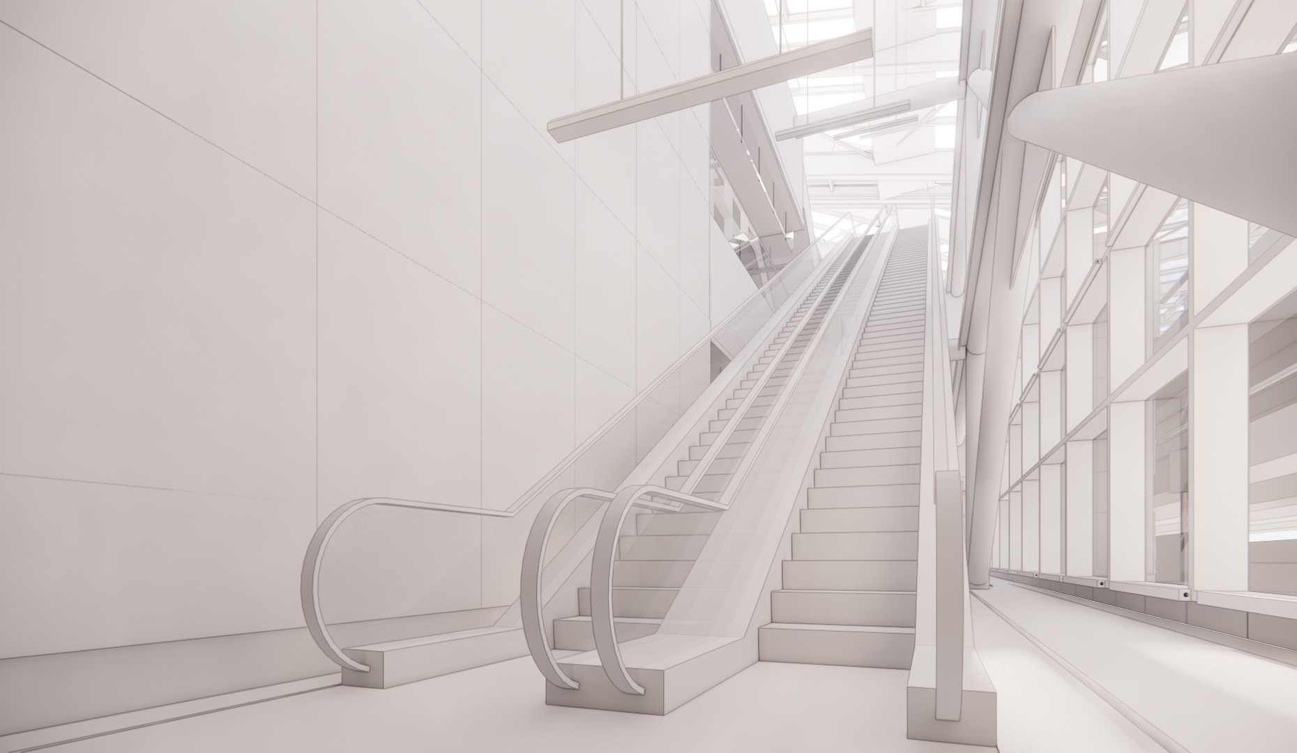 Monotone rendered image of an escalator. The escalator is viewed from a roughly three quarters angle from its lower level.